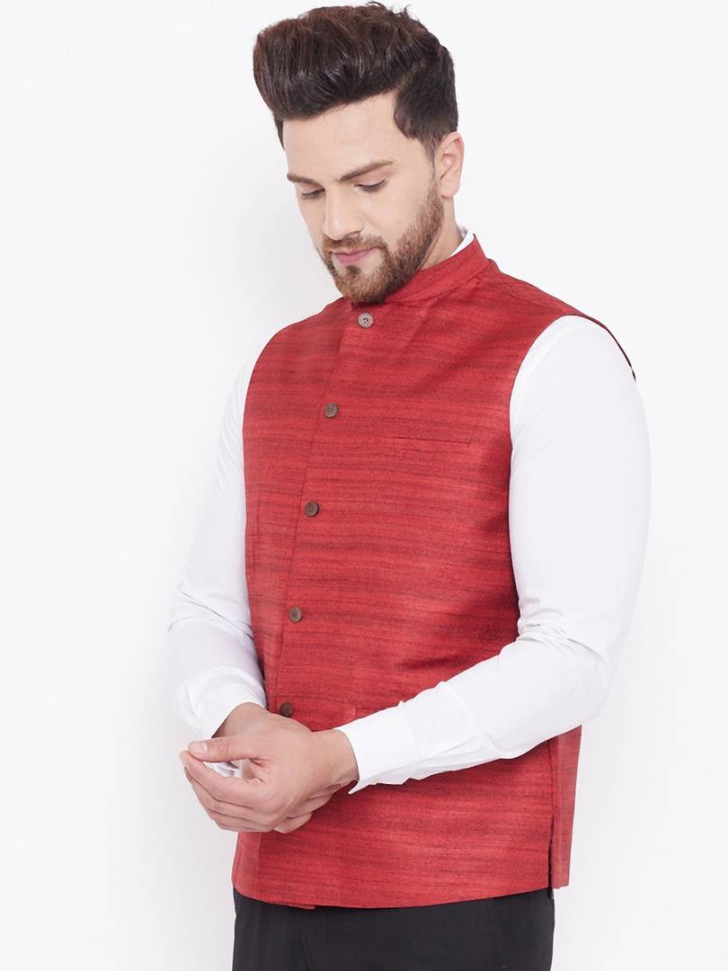 Men's Maroon 
Silk Blend
 Woven Design Nehru Jackets